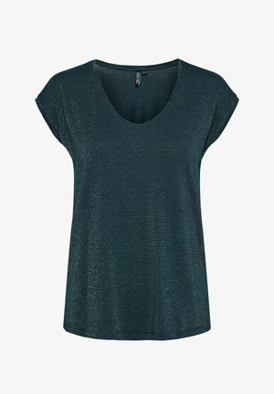 Teal short-sleeve top with a V-neck, metallic striped texture, and a relaxed fit. Lightweight fabric with a smooth finish.
