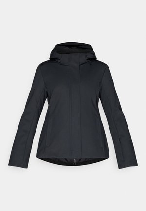 Zwarte capuchonjas met een strak ontwerp, voorzien van een ritssluiting aan de voorkant, zijzakken en verstelbare zoom en manchetten. Gemaakt van duurzaam stof.