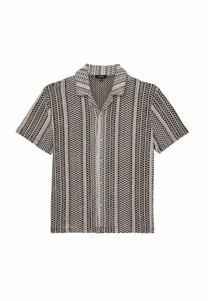 Rövid ujjú, gombos ing fekete-fehér, függőleges, geometriai csíkokkal és tábori gallérral.