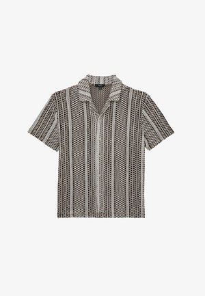 Rövid ujjú, gombos ing fekete-fehér, függőleges, geometriai csíkokkal és tábori gallérral.