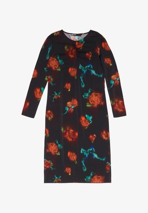 Vestito nero a maniche lunghe con motivo floreale di rose rosse e accenti turchesi, con dettagli arricciati sullo scollo.