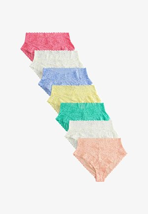 Sieben Paare hoch taillierter Spitzenunterwäsche in Pink, Weiß, Blau, Gelb, Grün, Weiß und Pfirsich, diagonal angeordnet.