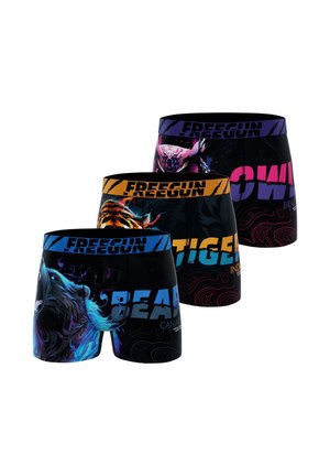 Ensemble de boxers pour hommes en tissu noir avec des graphismes d'animaux colorés : ours, tigre et hibou. Chaque paire comprend un lettrage de marque audacieux.