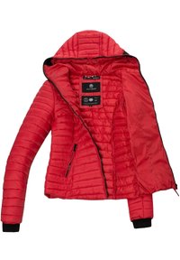 Red puffer jacket with a zip front, quilted texture, and a hood. Features black hardware and a side zip pocket. Lined interior visible.
