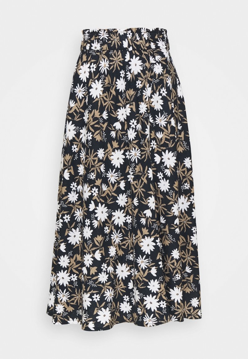 Schwarzer Rock mit weißen und beigefarbenen Gänseblümchen. Elastischer Bund; legeres, fließendes Design; knielang; der Stoff wirkt leicht.