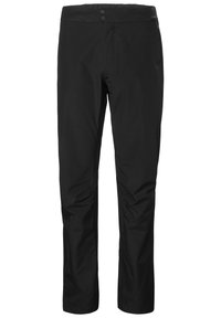 Czarne wodoodporne spodnie z gładką fakturą, z elastycznym pasem i dwoma guzikami oraz bocznymi kieszeniami dla większej funkcjonalności.
