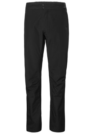 Pantalones impermeables negros con una textura suave, que cuentan con una cintura con dos botones y bolsillos laterales para mayor utilidad.