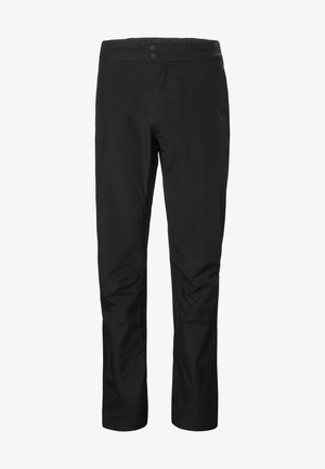 Černé voděodolné kalhoty s hladkým povrchem, s páskem na dvou knoflících a bočními kapsami pro užitečnost.