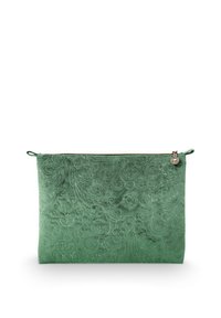 Green suede pouch with embossed swirl pattern, featuring a gold zipper and side loop for easy carrying. Sleek rectangular shape.
