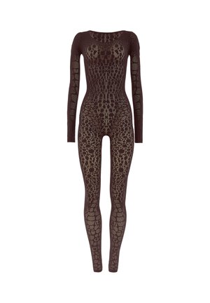 Bodysuit noir à manches longues avec un design en tricot ouvert géométrique, présentant divers motifs et une silhouette ajustée.