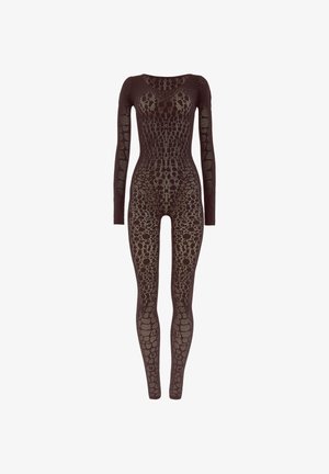 Bodysuit noir à manches longues avec un design en tricot ouvert géométrique, présentant divers motifs et une silhouette ajustée.