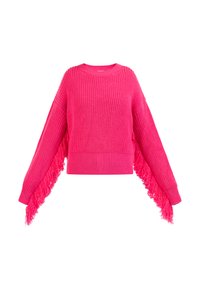 Maglione rosa lavorato a maglia con maniche oversized, caratterizzato da un dettaglio frangiato lungo i lati. Tessuto testurizzato e polsini a coste.