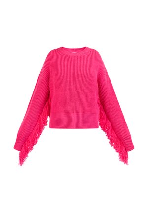 Roza pletena dukserica s oversized rukavima, koja sadrži rese duž bočnih strana. Teksturirana tkanina i rebrasti manžeti.