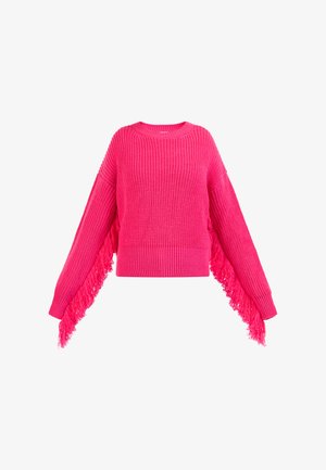 Roza pletena dukserica s oversized rukavima, koja sadrži rese duž bočnih strana. Teksturirana tkanina i rebrasti manžeti.