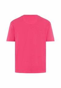 T-shirt rose vif uni à manches courtes avec un col rond, montré de dos sur fond blanc.