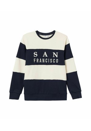 Sweatshirt rayé bleu marine et crème avec un col rond, arborant "SAN FRANCISCO" en lettres brodées sur la poitrine. Matériau doux.