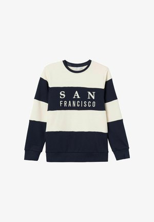 Marineblauwe en crèmekleurige gestreepte sweatshirt met een ronde hals, met "SAN FRANCISCO" in geborduurde letters over de borst. Zacht materiaal.