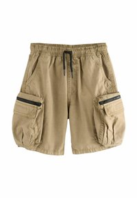 Bermudas cargo caqui fabricadas con tela suave, que cuentan con una cinturilla elástica con cordón y dos bolsillos laterales con cremallera.