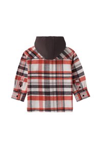 Giacca a camicia in tartan con colori rosso, nero e bianco, cappuccio marrone e polsini con bottoni. Realizzata in un tessuto flanella testurizzato.