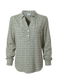 Green button-up shirt with a geometric pattern in white. Features a collar, long sleeves, and a front pocket. Smooth fabric texture.
