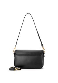 Borsa in pelle nera con forma rettangolare, caratterizzata da una chiusura in tonalità oro, una tracolla removibile e una superficie liscia.