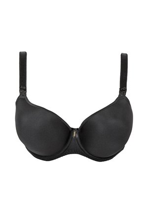 Zwarte beugel-bh gemaakt van gladde stof, met contourcups, verstelbare bandjes en een kleine ritssluiting aan de voorkant.