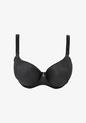 Sujetador negro con aros hecho de tela suave, con copas moldeadas, tirantes ajustables y un pequeño detalle de cremallera en la parte delantera.