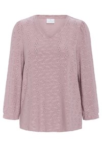 Blusa a maniche lunghe di un leggero rosa con scollo a V, caratterizzata da un motivo in rilievo a onde e piccoli fori, texture morbida e maniche arricciate.