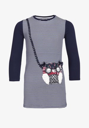 Marineblaue und weiße gestreifte Kleid mit langen Ärmeln; verfügt über eine Eulen-Taschendetail, verziert mit Stoff- und Stickakzenten.