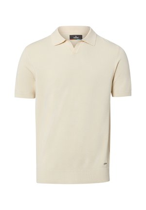 Cremefarbenes, kurzärmliges Poloshirt mit strukturierter Oberfläche, geripptem Saum und Kragen sowie einem kleinen Markenzeichen nahe dem unteren Rand.
