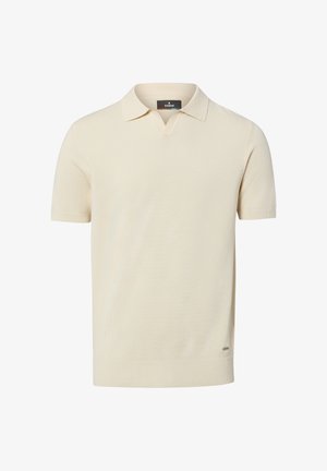 Polo crème à manches courtes en tissu texturé avec ourlet et col côtelés, comportant une petite étiquette de marque près du bord inférieur.