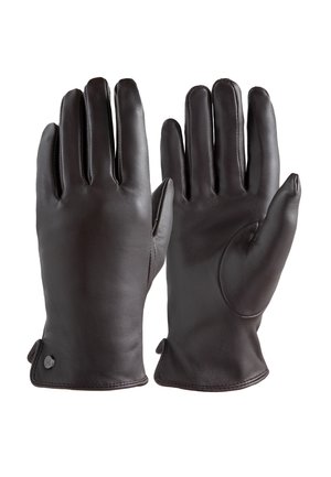 Brune læderhandsker med en glat overflade, fem-finger design og afrundede spidser. Har en håndledsrem og knapdetalje til justering.