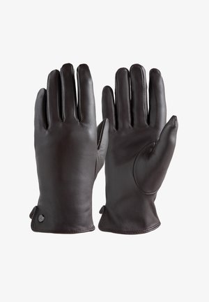 Smeđe kožne rukavice s glatkom teksturom, dizajnom s pet prstiju i zaobljenim vrhovima. Imaju remen na zapešću i detalj s gumbom za podešavanje.