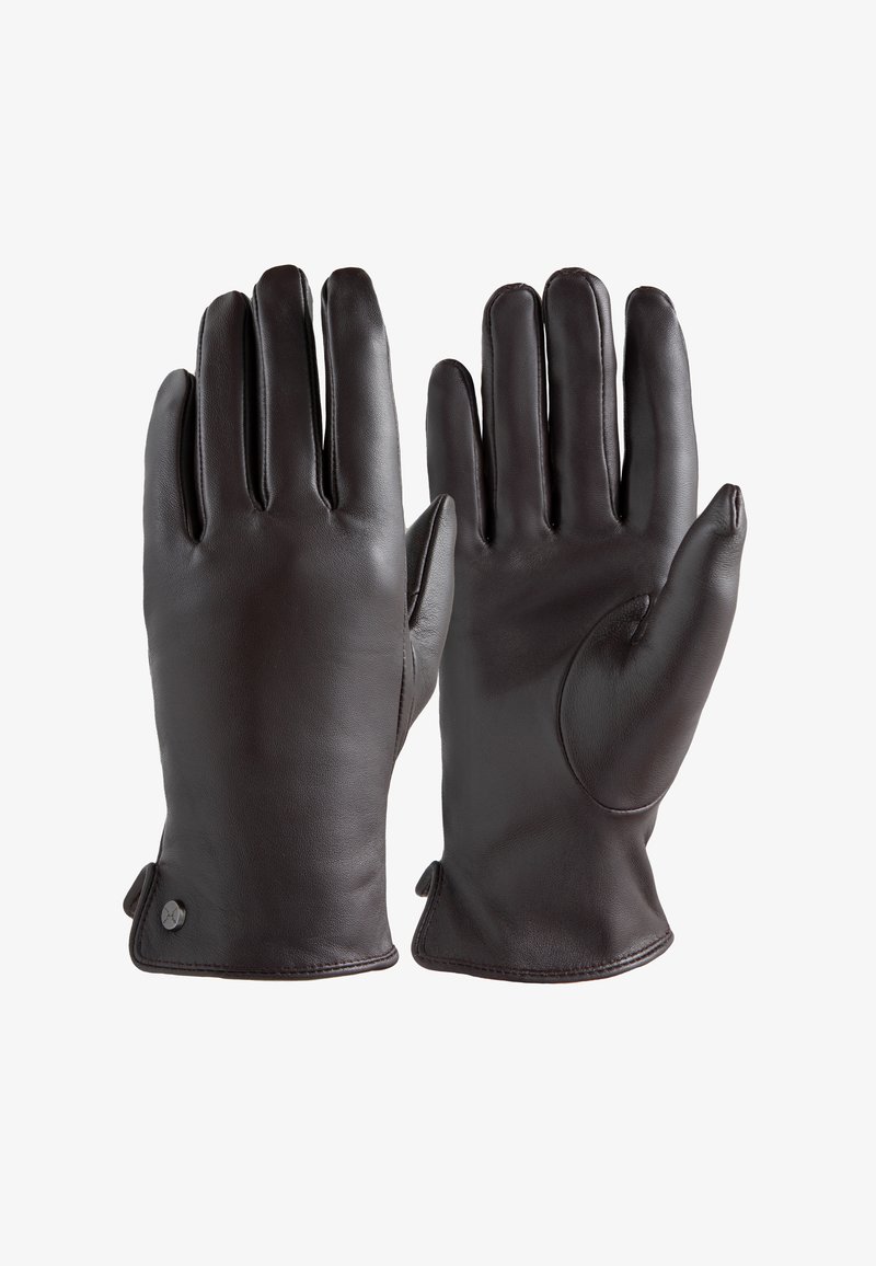 Rudos odinės pirštinės su lygiu paviršiumi, penkių pirštų dizainu ir apvaliais galiukais. Yra riešo dirželis ir mygtuko detalė reguliavimui.