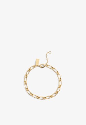 Gold metal chain bracelet featuring oval and rectangular links, a lobster clasp, and an adjustable chain with a tag.