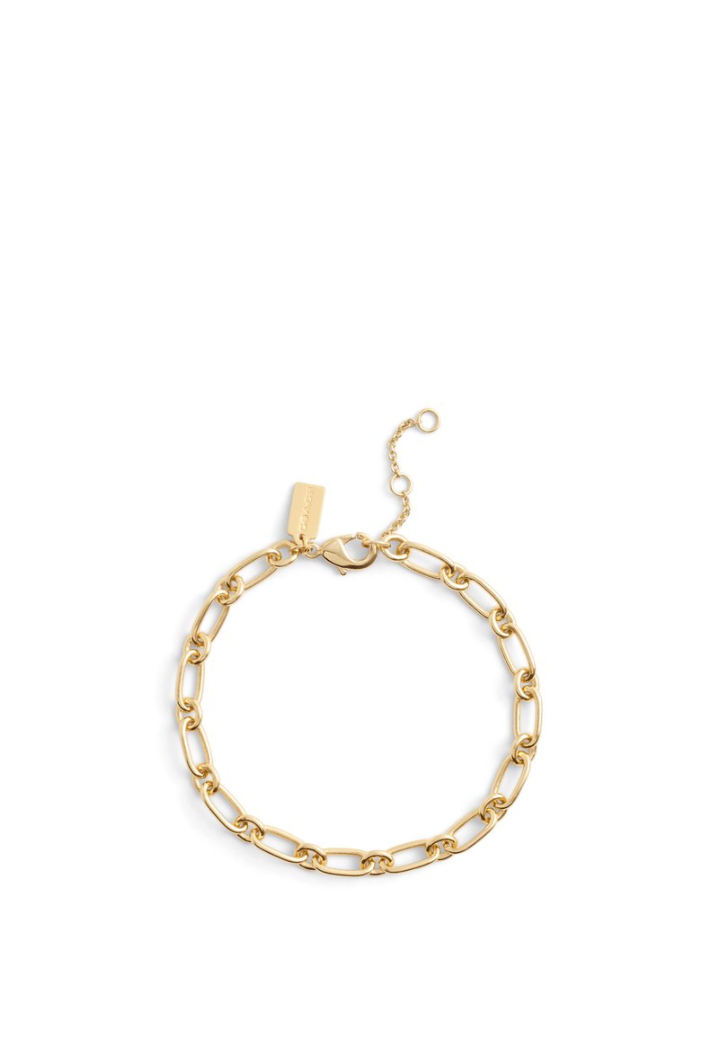 Guld metallkedja armband med ovala och rektangulära länkar, en kräfta lås och en justerbar kedja med en tagg.