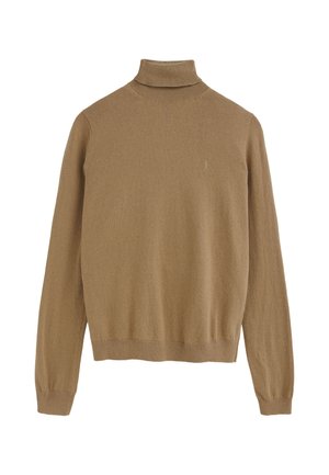 Jersey marrón de cuello alto con mangas largas, con cuello, puños y dobladillo acanalados, diseño sencillo con un pequeño detalle bordado en el pecho.