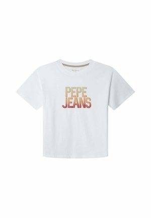 Camiseta blanca de manga corta con "PEPE JEANS" en grandes letras degradadas, de verde a naranja, centrado en el pecho. Sin fondo visible.