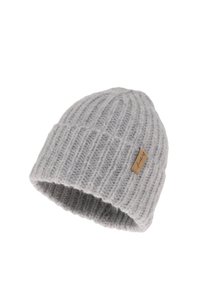 Berretto grigio lavorato a maglia in filato morbido. Presenta una texture a coste e una piccola etichetta in pelle sul lato per il marchio.