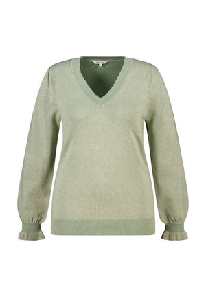 Lichtgroene trui met V-hals, lange ballonmouwen en gerimpelde manchetten. Gemaakt van een glanzend materiaal. Klassieke geribbelde zoom.