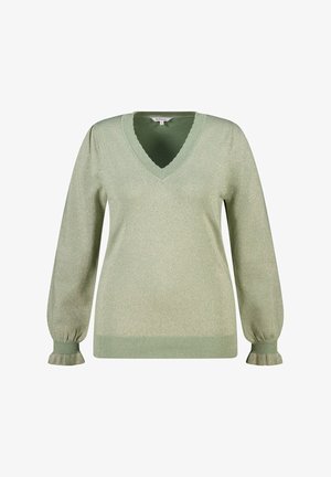 Pull-over vert clair avec col en V, manches longues bouffantes et poignets à volants. Fabriqué avec un matériau scintillant. Ourlet côtelé classique.