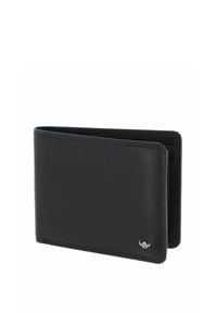 Portefeuille en cuir noir pliable en deux avec des coutures minimales et un petit emblème argenté dans le coin inférieur, présenté partiellement ouvert sur fond blanc.