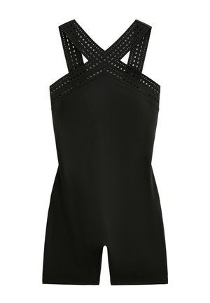 Maillot de bain une pièce noir avec des bretelles croisées, présentant des perforations en haut et une coupe décontractée avec des jambes style short.