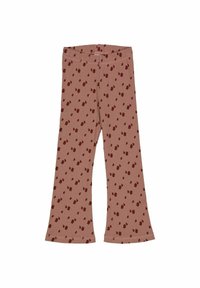 Růžové legíny s rozšířenými nohavicemi, zdobené vzorem malých tmavě červených teček. Vyrobené z měkké tkaniny s elastickým pasem.