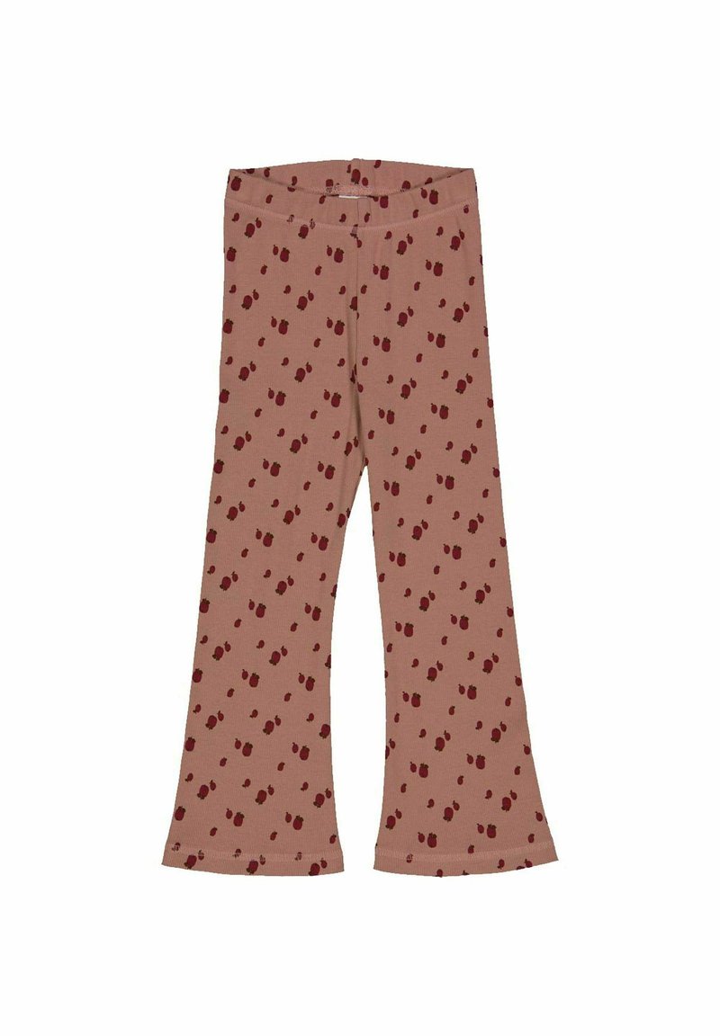 Růžové legíny s rozšířenými nohavicemi, zdobené vzorem malých tmavě červených teček. Vyrobené z měkké tkaniny s elastickým pasem.