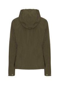 Veste à capuche vert olive avec une coupe ajustée, dotée de manches longues, de coutures latérales et de boutons-pression aux poignets. Texture lisse.