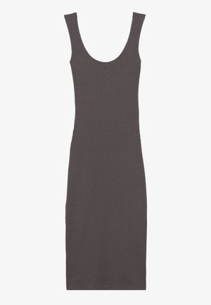 Robe côtelée sans manches en gris foncé avec un décolleté arrondi et une coupe ajustée, fabriquée à partir d'un tissu doux avec un léger stretch.