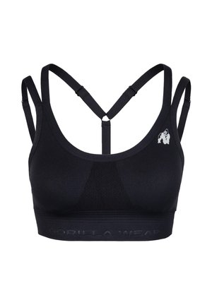 Soutien-gorge de sport noir avec un panneau avant texturé, des bretelles ajustables et un logo. La bande présente un texte en relief, offrant un ajustement serré.