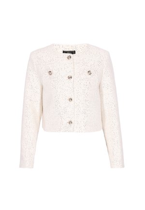 Kort hvid jakke lavet af tekstureret stof, med sølvdetaljer og seks runde knapper foran, med to brystlommer.