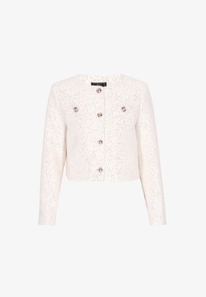 Kort hvid jakke lavet af tekstureret stof, med sølvdetaljer og seks runde knapper foran, med to brystlommer.